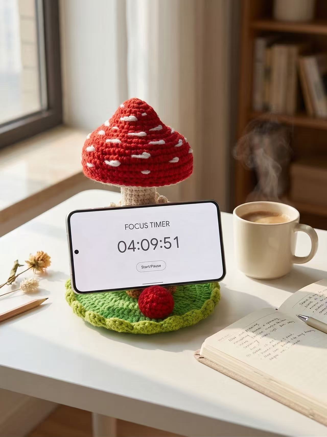Handmade Crochet Mushroom House Phone Stand, Cute Amigurumi Cell Phone Holder for Desk, Cottagecore Mushroom Decor, Unique Fairy Garden Gift