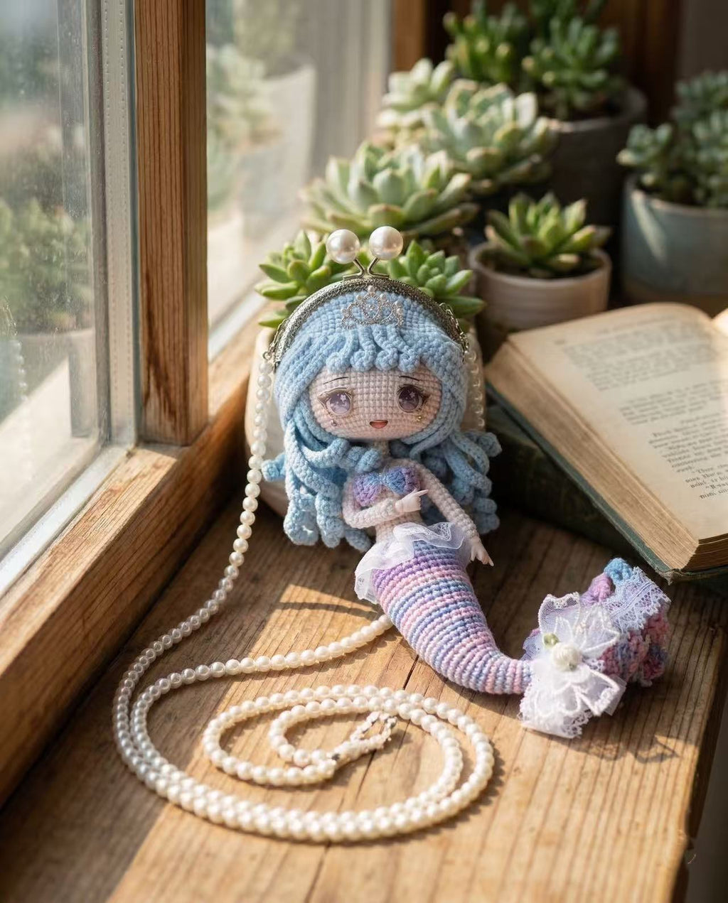 Handmade Crochet Mermaid Doll Purse, Kawaii Amigurumi Bag Pearl Strap, Pink Blue Gradient Shoulder Bag, Whimsical Fairycore Gift for Her