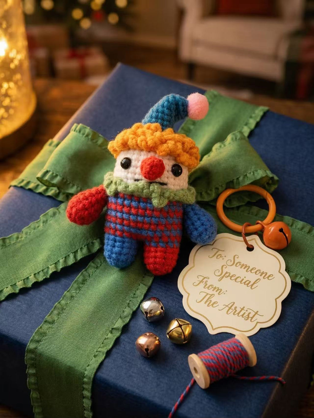 Handmade Crochet Clown Bag Charm with Jingle Bell – Whimsical Amigurumi Keychain Accessory