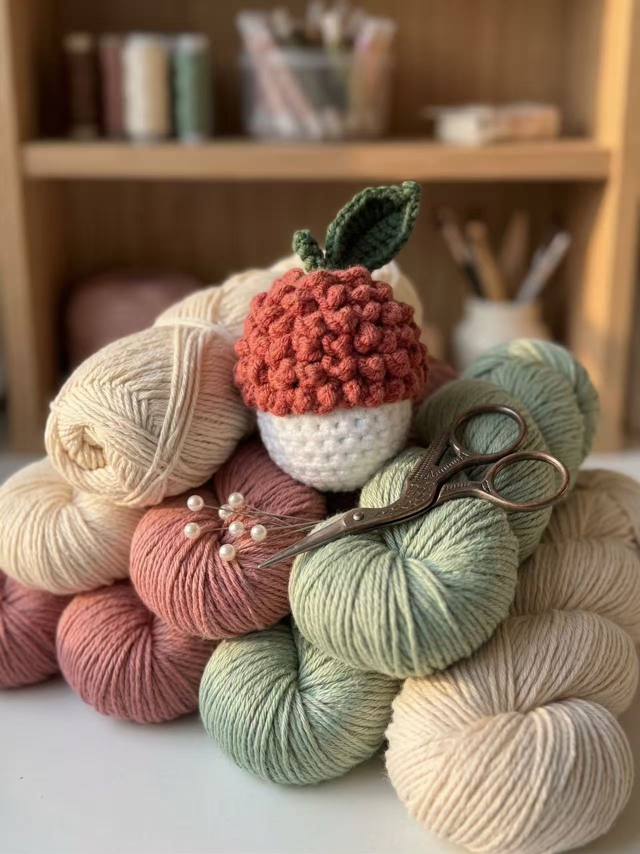 Crocheted Lychee Bag Charm, Textured Fruit Keychain, Cotton Amigurumi Accessory