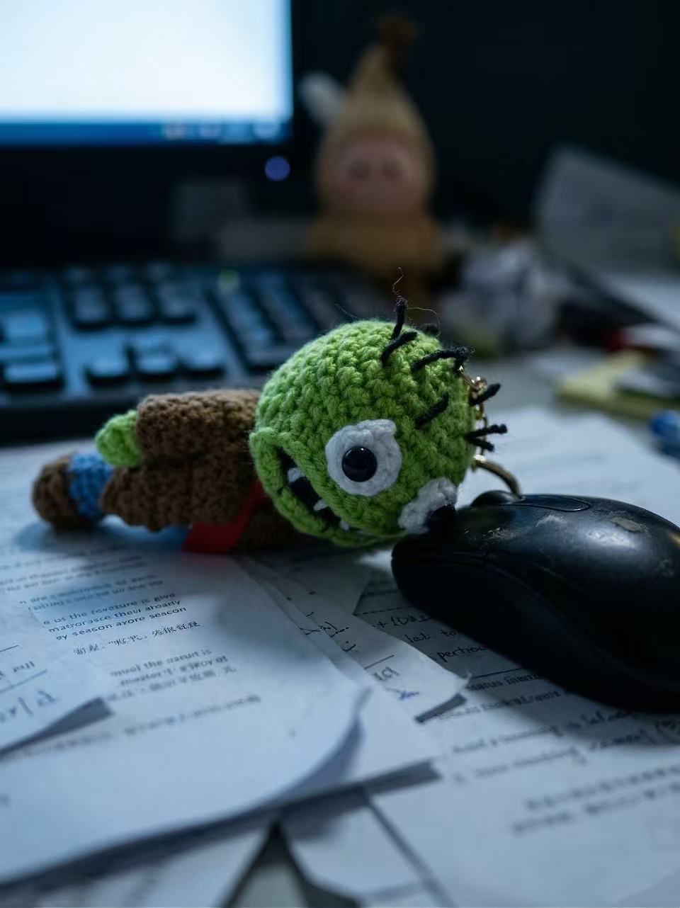 Funny Crochet Monster Keychain, Ugly Cute Amigurumi Bag Charm, Office Stress Relief Toy, Corporate Zombie Doll, Unique Small Gift for Friend