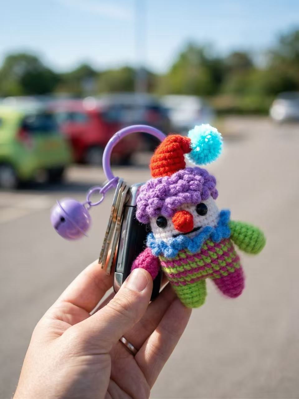 Crochet Clown Charm, Handmade Kawaii Amigurumi Circus Keyring, Purple Bell Accessory