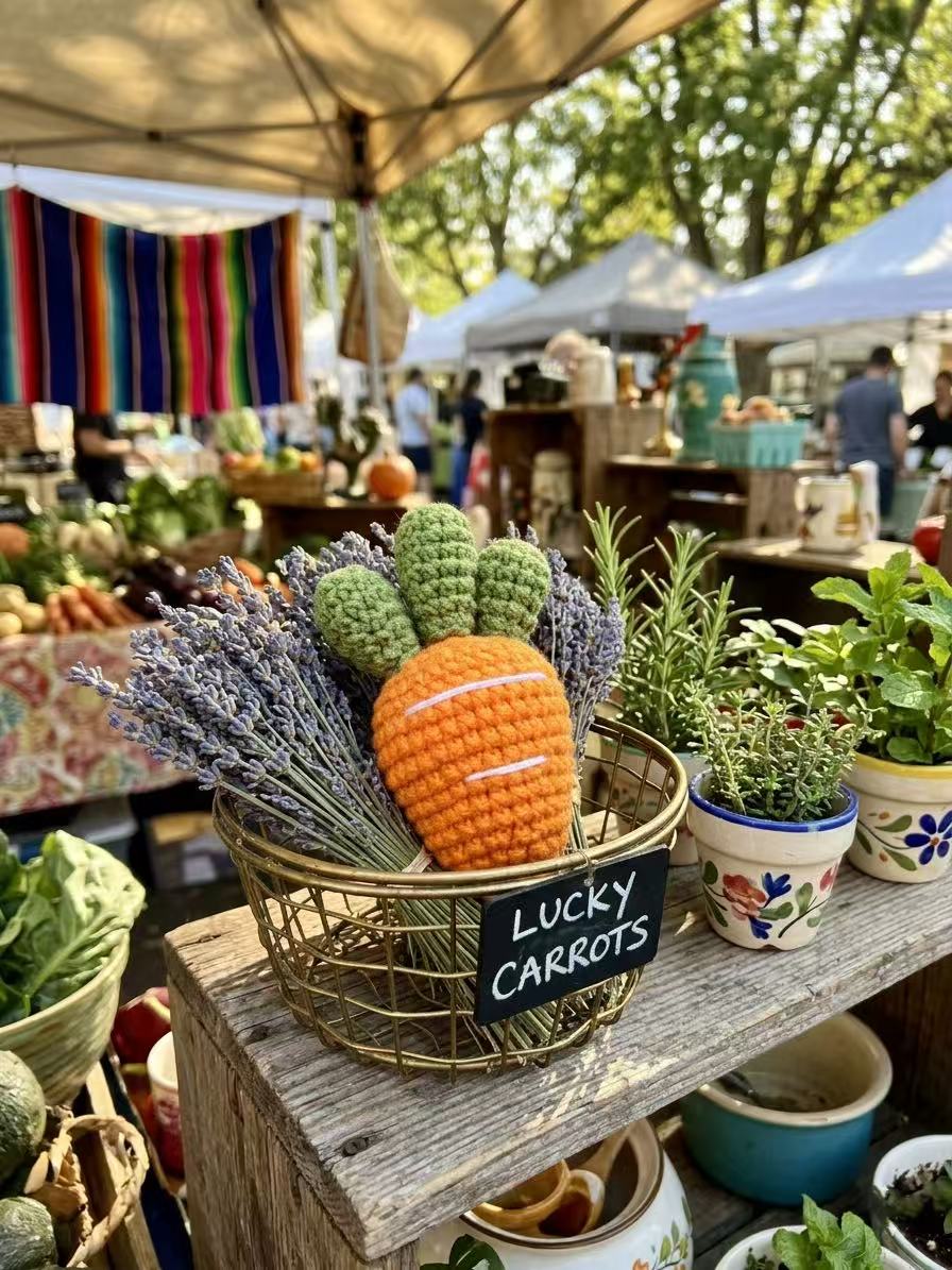 Hand-Crocheted Carrot Amigurumi, Three-Top Plush Vegetable Toy, Cotton Yarn Decor
