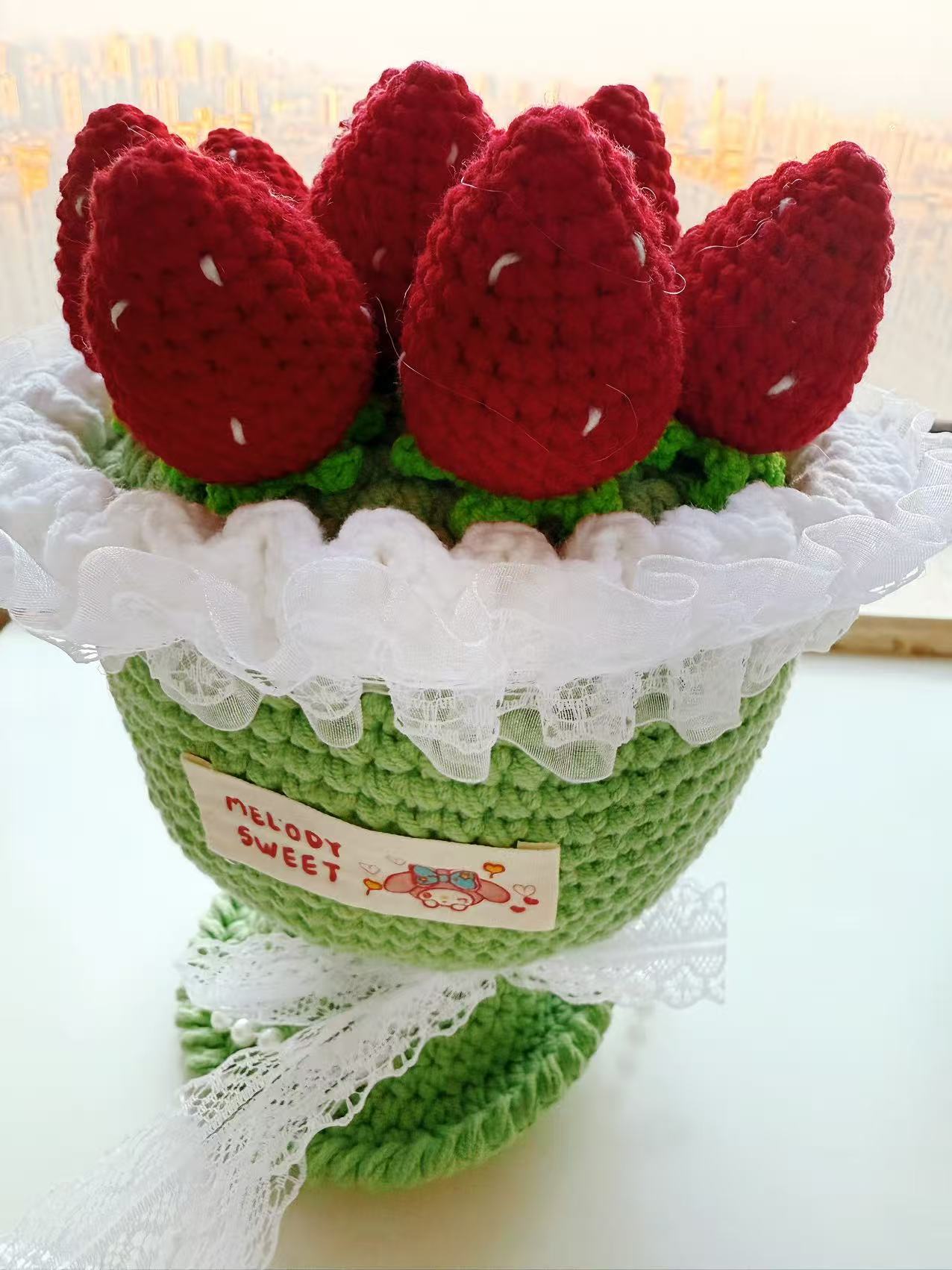 Handmade Crochet Strawberry Bouquet in Pot, Amigurumi Potted Plant, Mother's Day Gift, Cute Desk Decor, Anniversary Gift, Knitted Flower