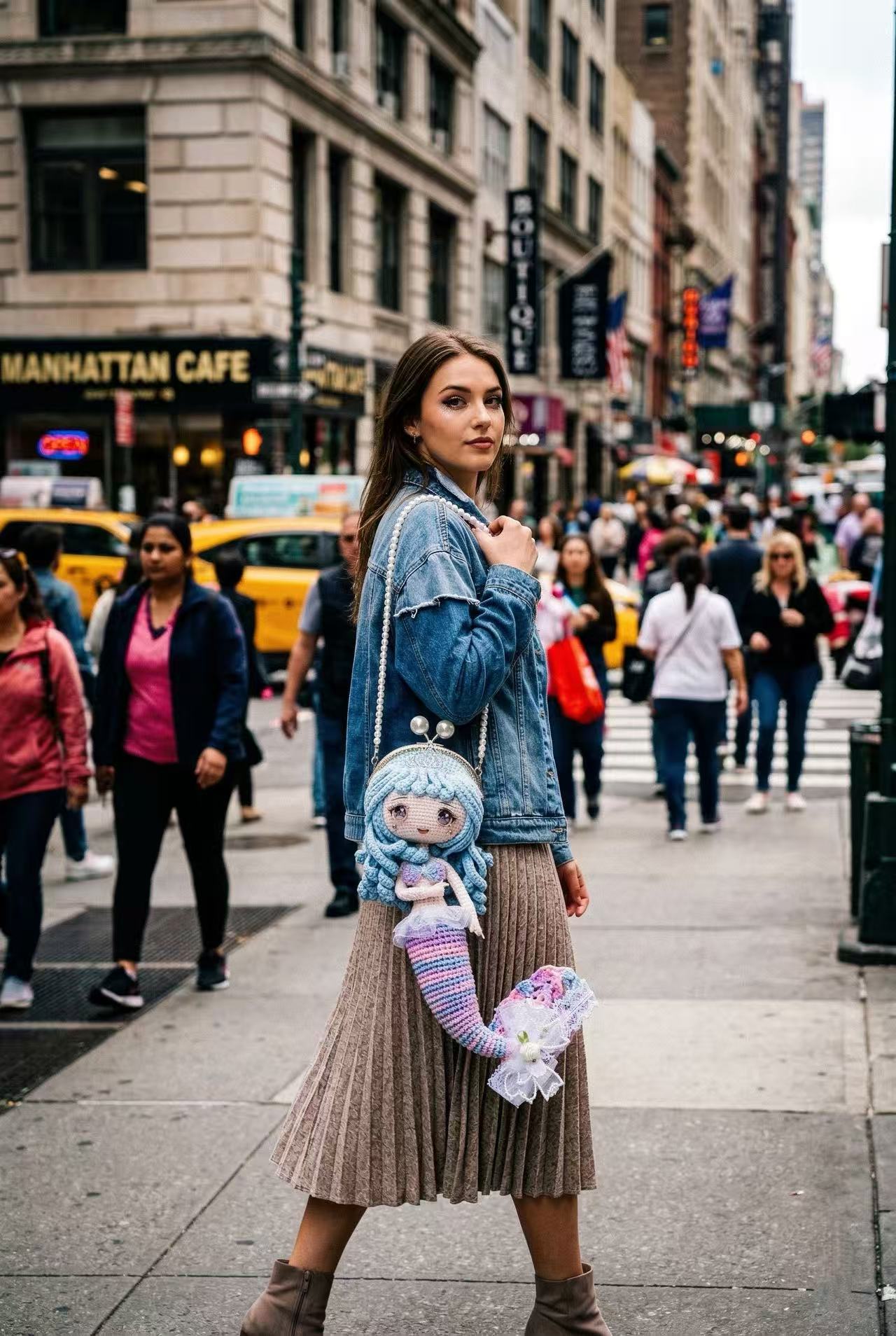 Handmade Crochet Mermaid Doll Purse, Kawaii Amigurumi Bag Pearl Strap, Pink Blue Gradient Shoulder Bag, Whimsical Fairycore Gift for Her