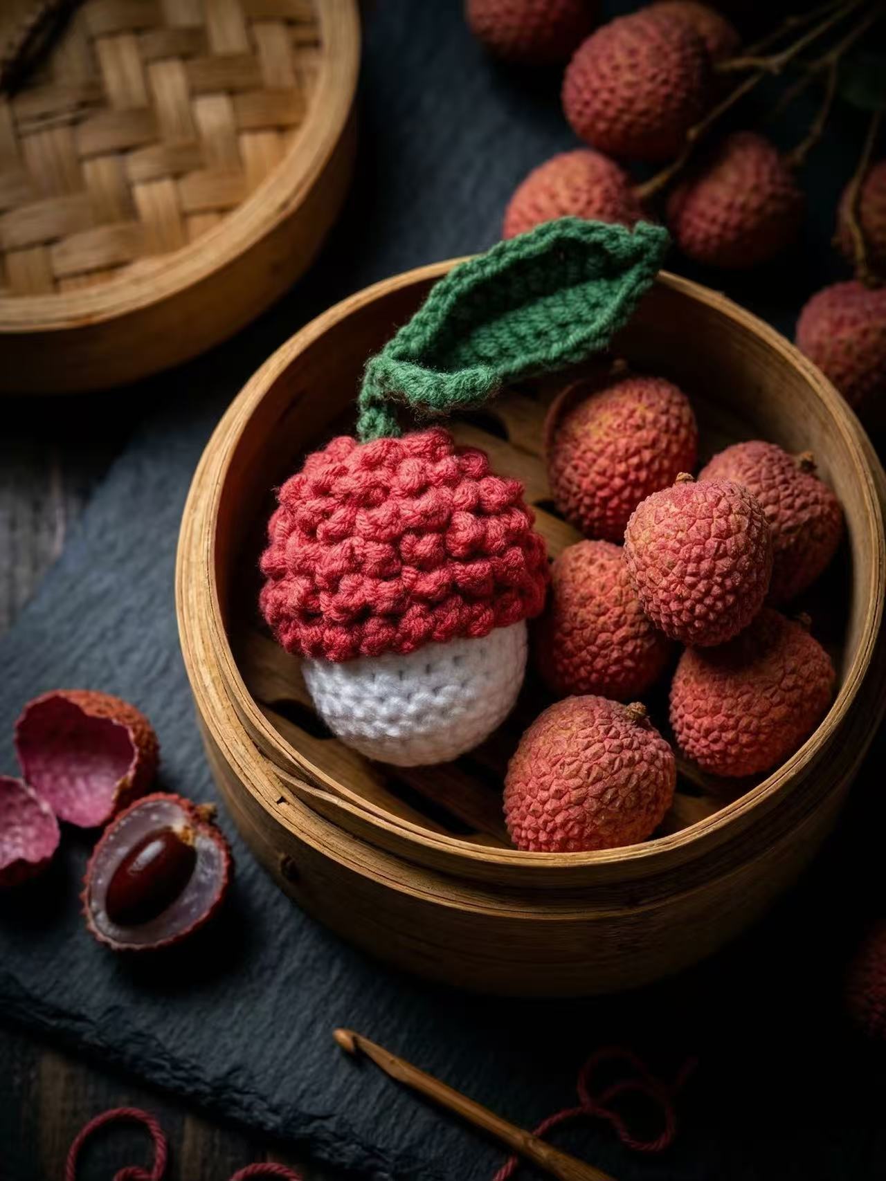 Crocheted Lychee Bag Charm, Textured Fruit Keychain, Cotton Amigurumi Accessory