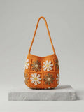 Handmade Crochet Daisy Tote Bag, Orange Boho Shoulder Bag, Flower Knit Purse