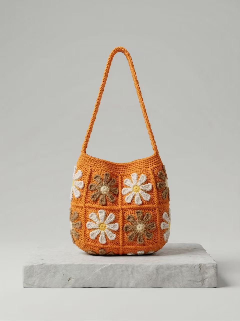 Handmade Crochet Daisy Tote Bag, Orange Boho Shoulder Bag, Flower Knit Purse