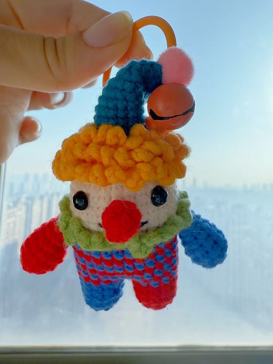Handmade Crochet Clown Bag Charm with Jingle Bell – Whimsical Amigurumi Keychain Accessory