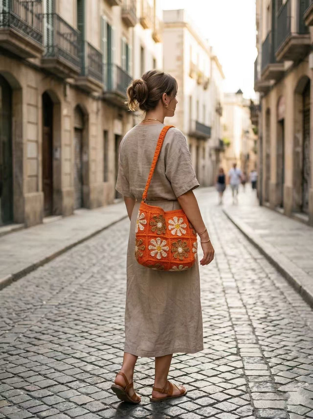 Handmade Crochet Daisy Tote Bag, Orange Boho Shoulder Bag, Flower Knit Purse