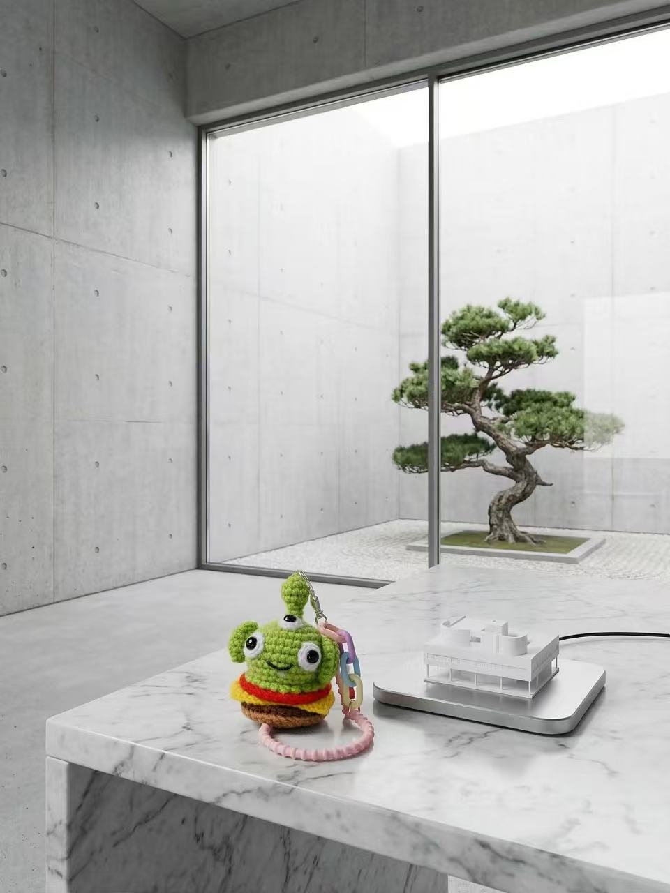 Crocheted Three-Eyed Alien Burger Keychain, Amigurumi Food Bag Charm, Kawaii Plush Backpack Accessory