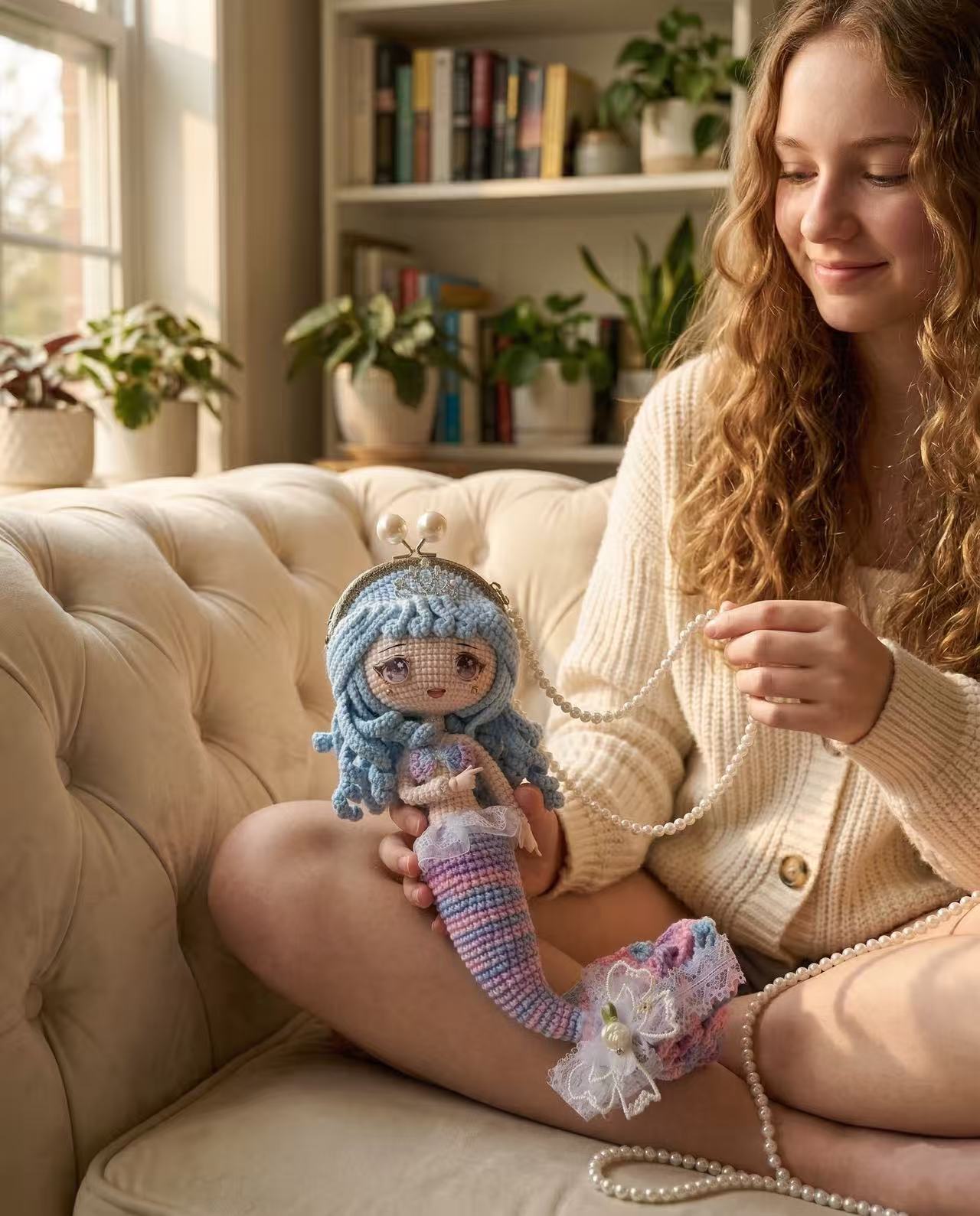 Handmade Crochet Mermaid Doll Purse, Kawaii Amigurumi Bag Pearl Strap, Pink Blue Gradient Shoulder Bag, Whimsical Fairycore Gift for Her