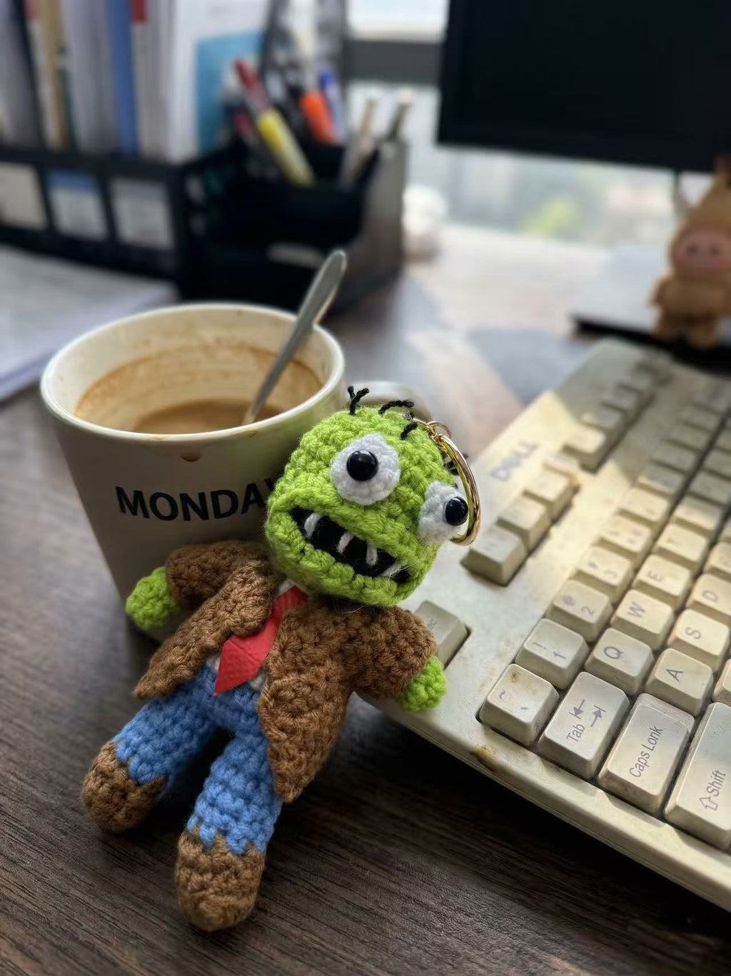 Funny Crochet Monster Keychain, Ugly Cute Amigurumi Bag Charm, Office Stress Relief Toy, Corporate Zombie Doll, Unique Small Gift for Friend