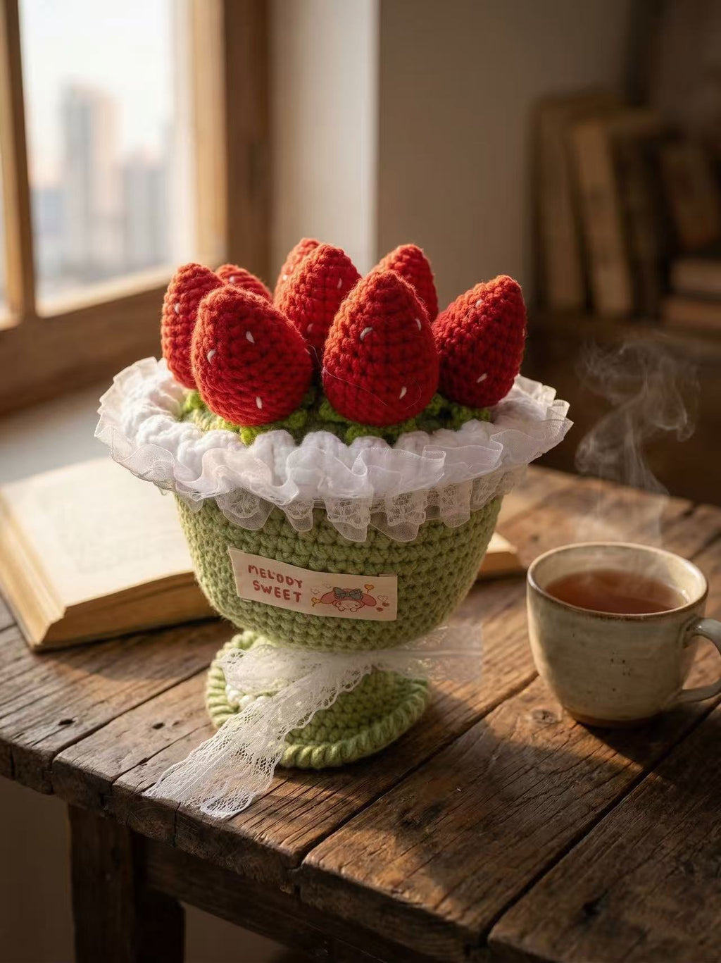 Handmade Crochet Strawberry Bouquet in Pot, Amigurumi Potted Plant, Mother's Day Gift, Cute Desk Decor, Anniversary Gift, Knitted Flower