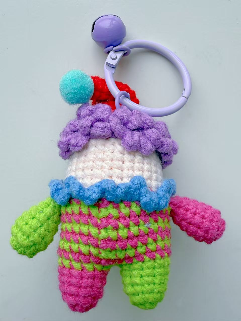 Crochet Clown Charm, Handmade Kawaii Amigurumi Circus Keyring, Purple Bell Accessory