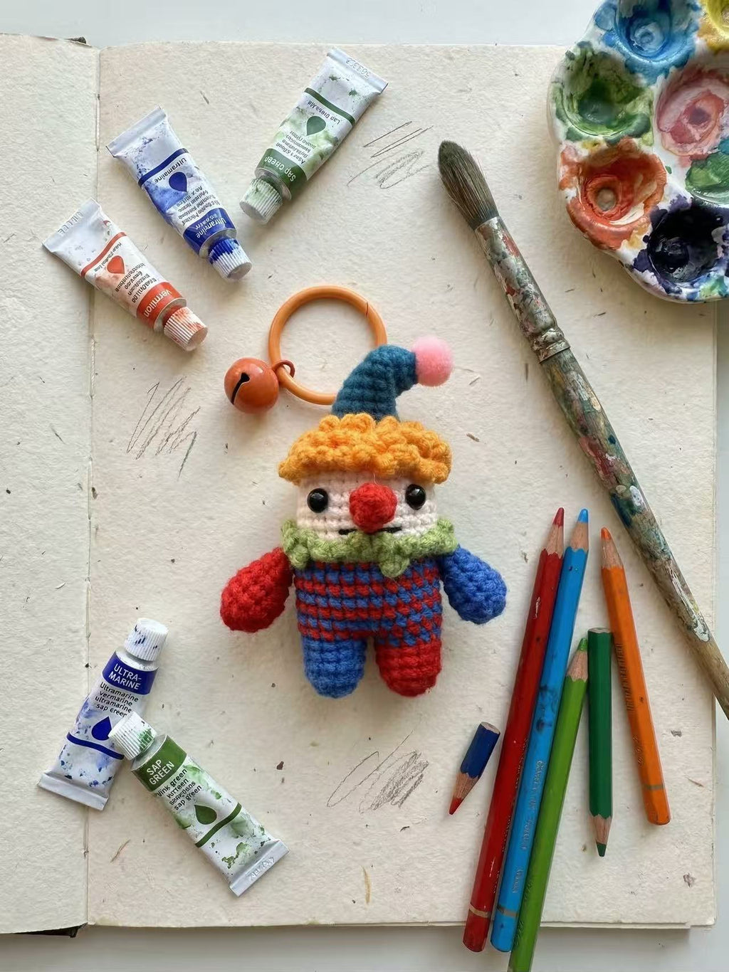 Handmade Crochet Clown Bag Charm with Jingle Bell – Whimsical Amigurumi Keychain Accessory