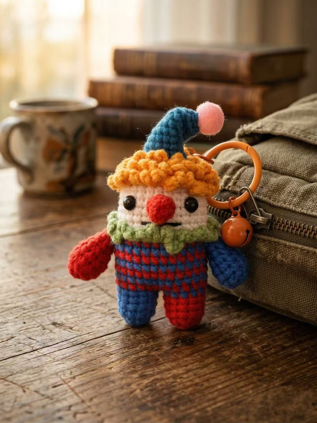 Handmade Crochet Clown Bag Charm with Jingle Bell – Whimsical Amigurumi Keychain Accessory