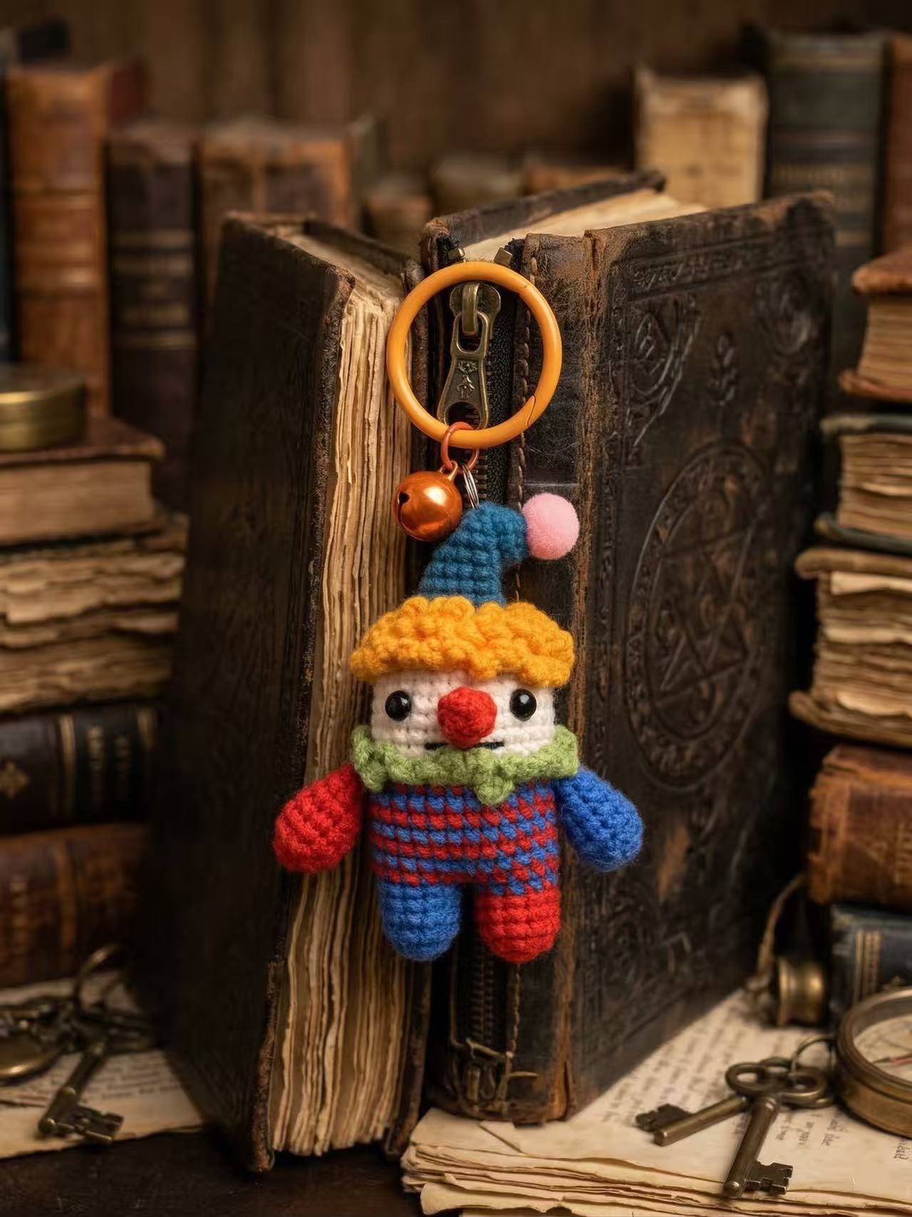 Handmade Crochet Clown Bag Charm with Jingle Bell – Whimsical Amigurumi Keychain Accessory