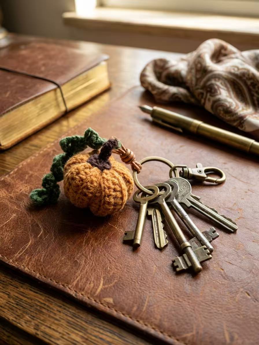 Hand-Crocheted Pumpkin Keychain, Autumn Bag Charm, Boho Fall Keyring