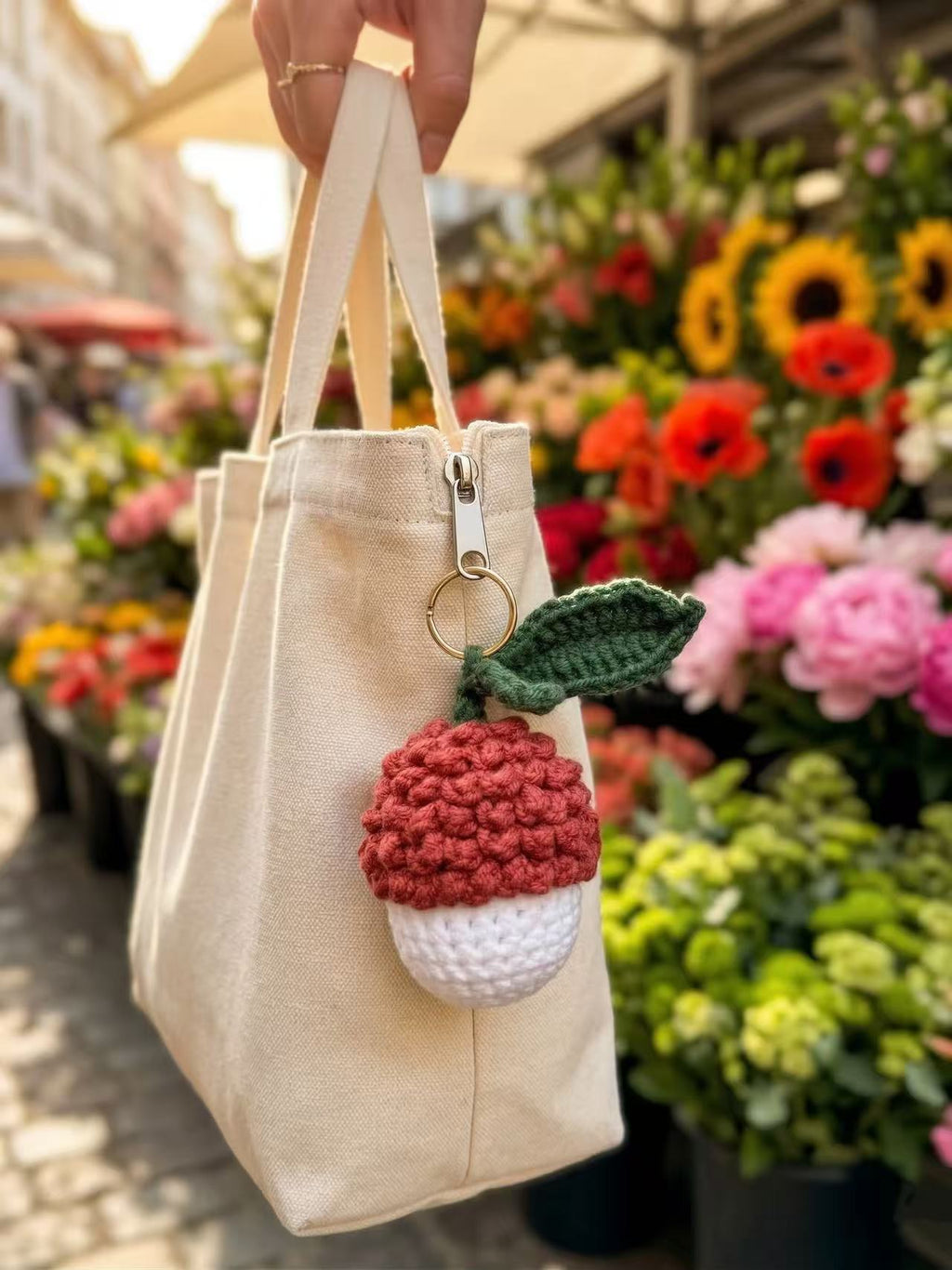 Crocheted Lychee Bag Charm, Textured Fruit Keychain, Cotton Amigurumi Accessory