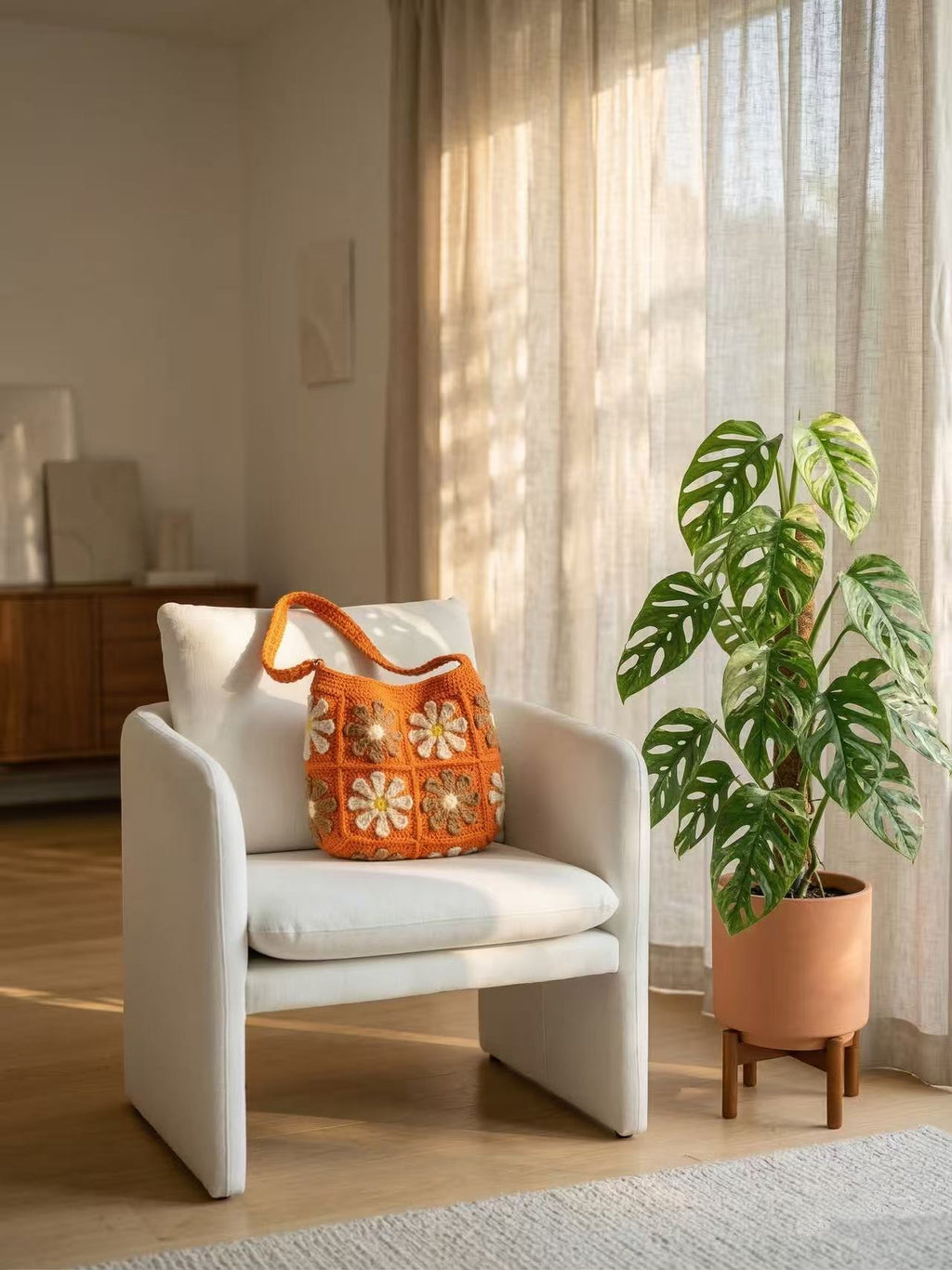 Handmade Crochet Daisy Tote Bag, Orange Boho Shoulder Bag, Flower Knit Purse