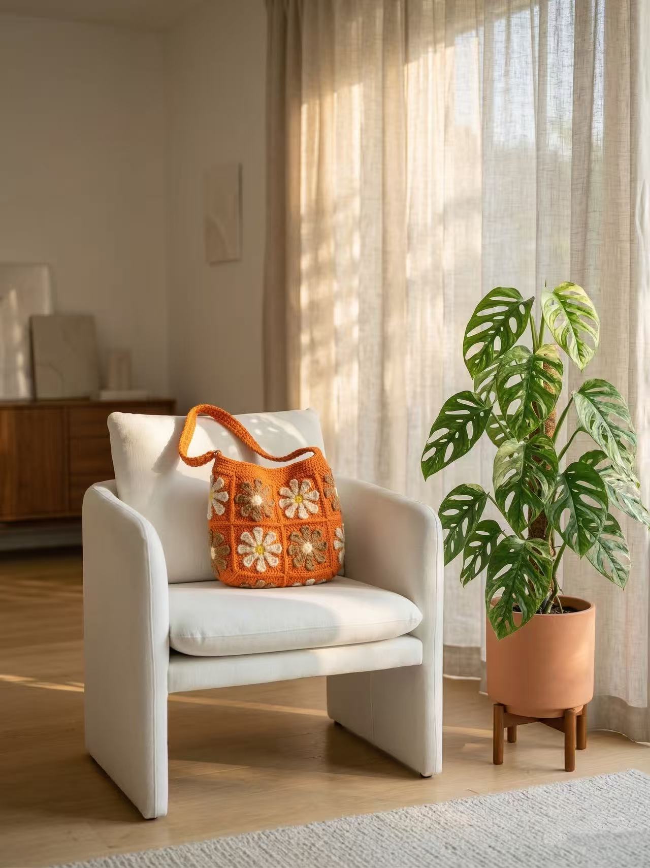 Handmade Crochet Daisy Tote Bag, Orange Boho Shoulder Bag, Flower Knit Purse