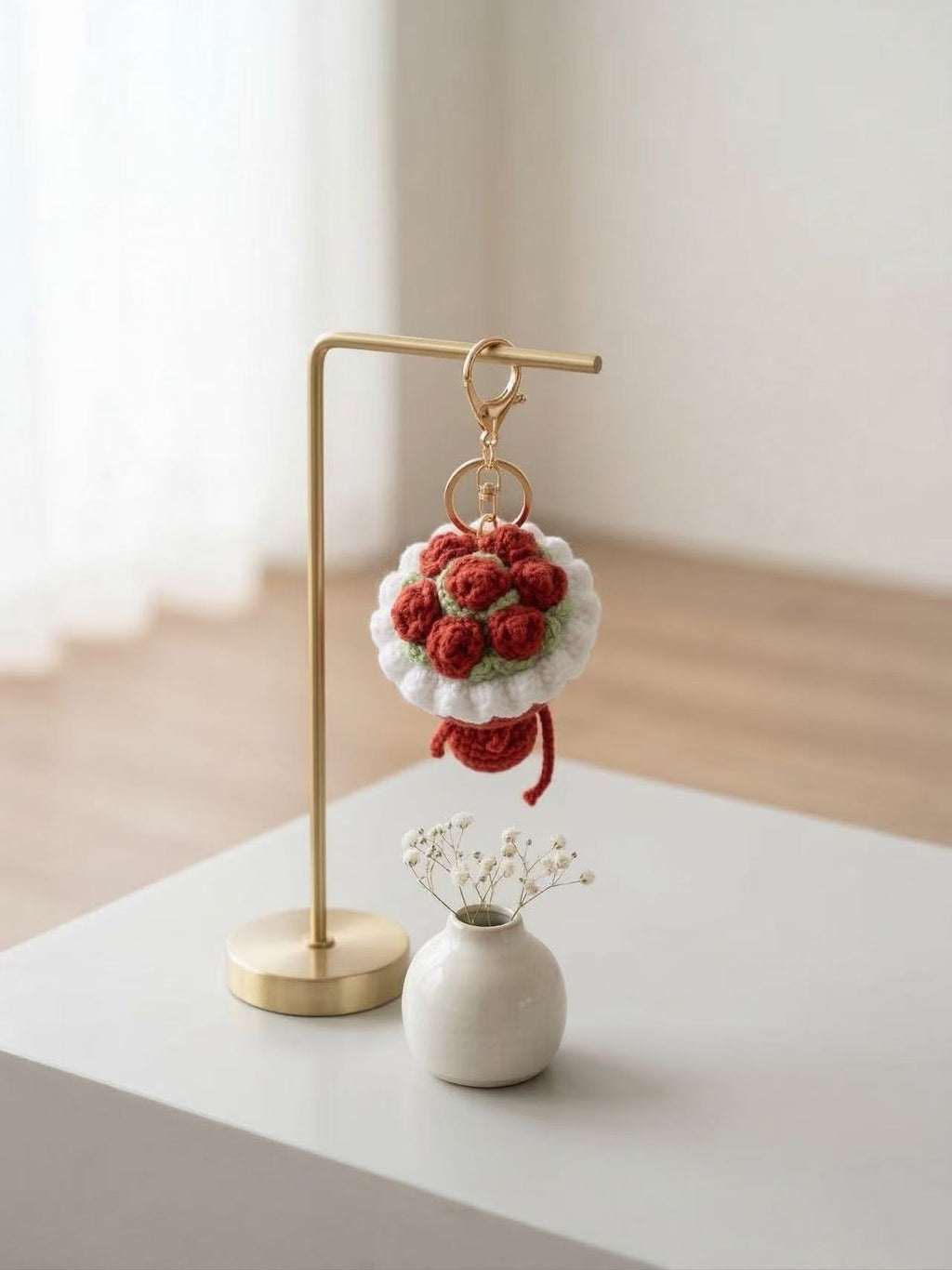 Hand-Crocheted Rose Bouquet Keychain, Floral Bag Charm, Romantic Accessory