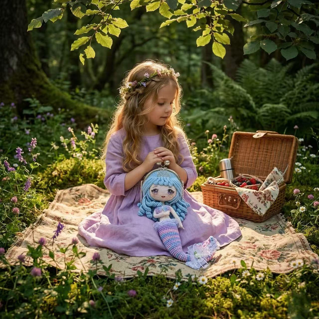 Handmade Crochet Mermaid Doll Purse, Kawaii Amigurumi Bag Pearl Strap, Pink Blue Gradient Shoulder Bag, Whimsical Fairycore Gift for Her