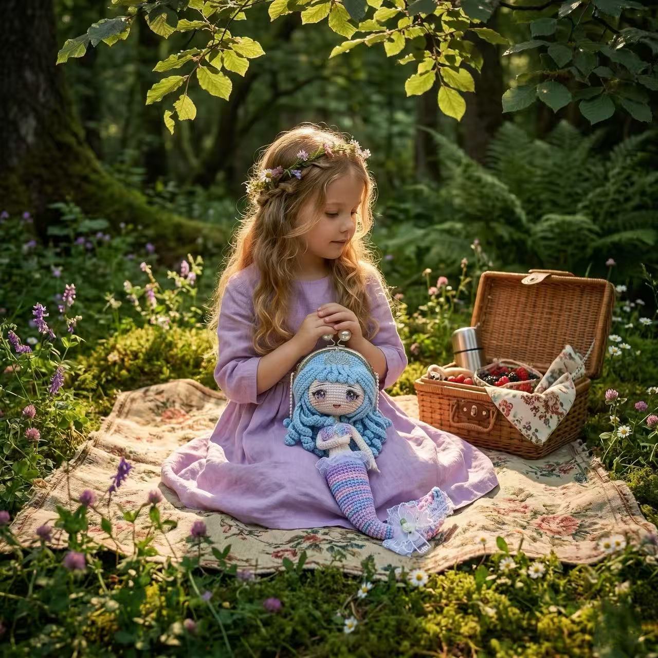 Handmade Crochet Mermaid Doll Purse, Kawaii Amigurumi Bag Pearl Strap, Pink Blue Gradient Shoulder Bag, Whimsical Fairycore Gift for Her