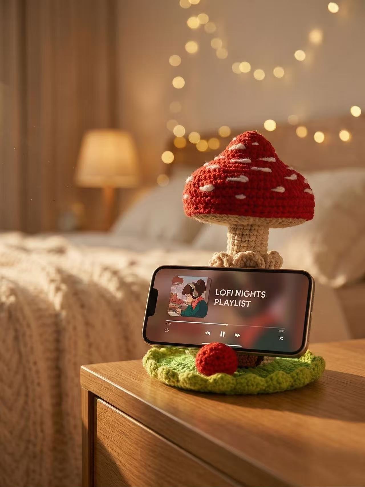 Handmade Crochet Mushroom House Phone Stand, Cute Amigurumi Cell Phone Holder for Desk, Cottagecore Mushroom Decor, Unique Fairy Garden Gift