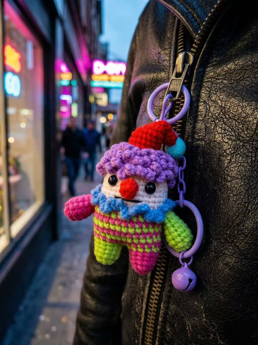 Crochet Clown Charm, Handmade Kawaii Amigurumi Circus Keyring, Purple Bell Accessory