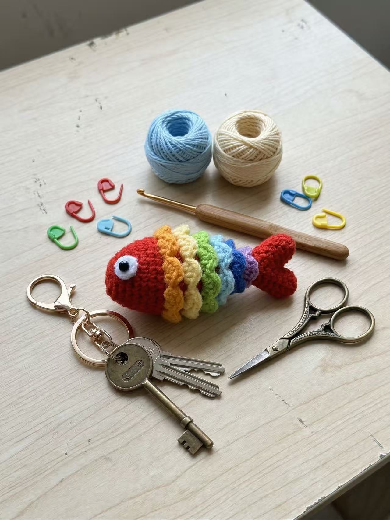 Crocheted Rainbow Fish Keychain, Amigurumi Bag Charm, Cotton Yarn Accessory, Nautical Purse Dangle