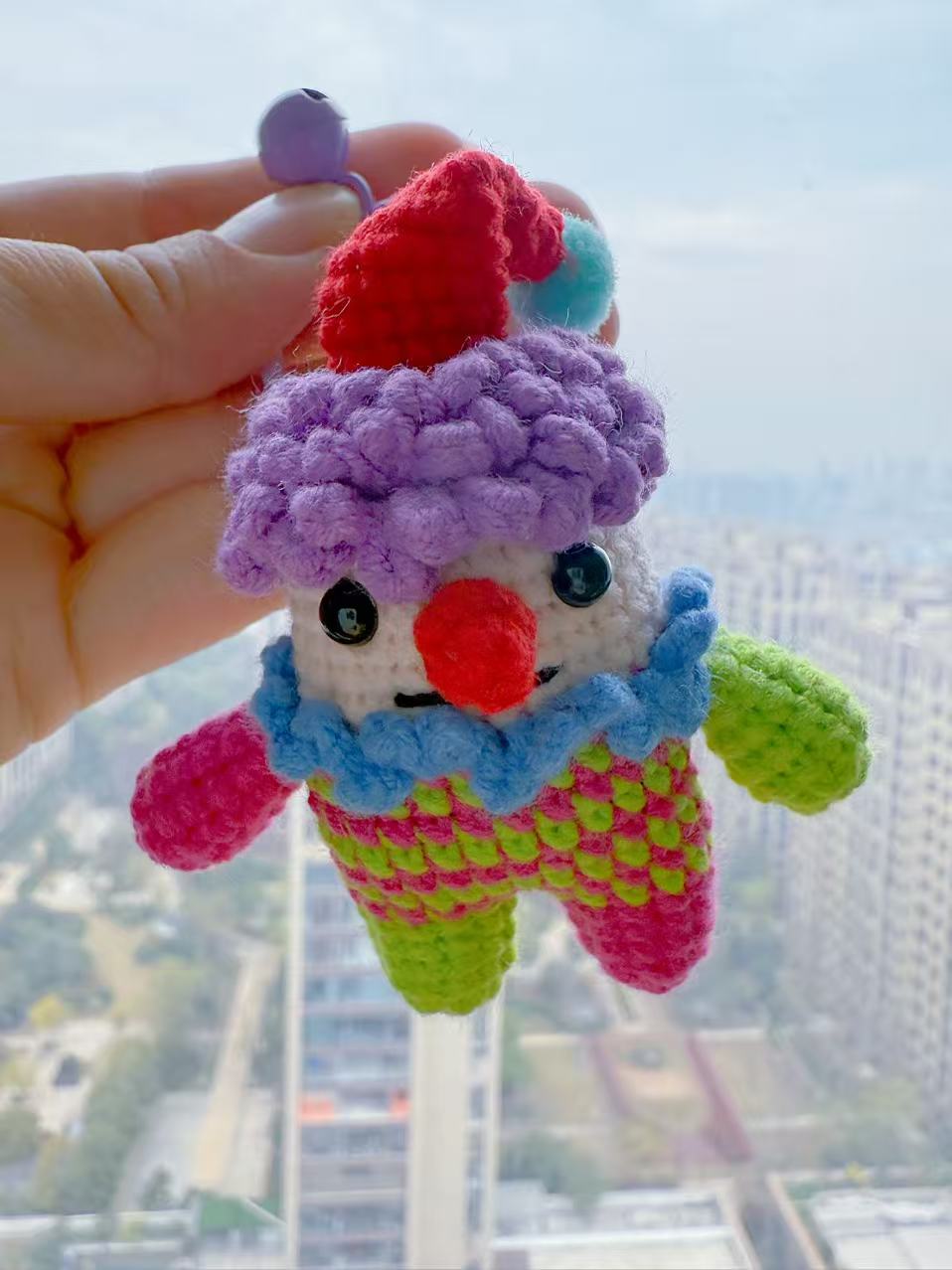 Crochet Clown Charm, Handmade Kawaii Amigurumi Circus Keyring, Purple Bell Accessory