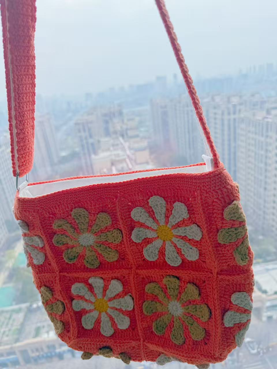 Handmade Crochet Daisy Tote Bag, Orange Boho Shoulder Bag, Flower Knit Purse