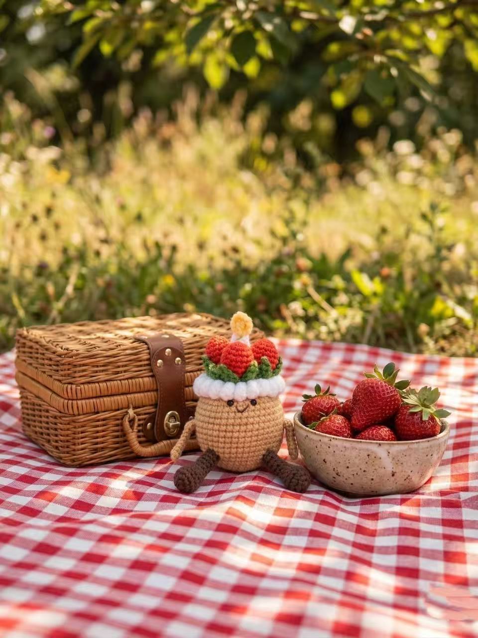 Handmade Crochet Strawberry Cake Bag Charm, Kawaii Amigurumi Cake Keychain, Birthday Gift for Her, Car Rearview Mirror Hanging Ornament