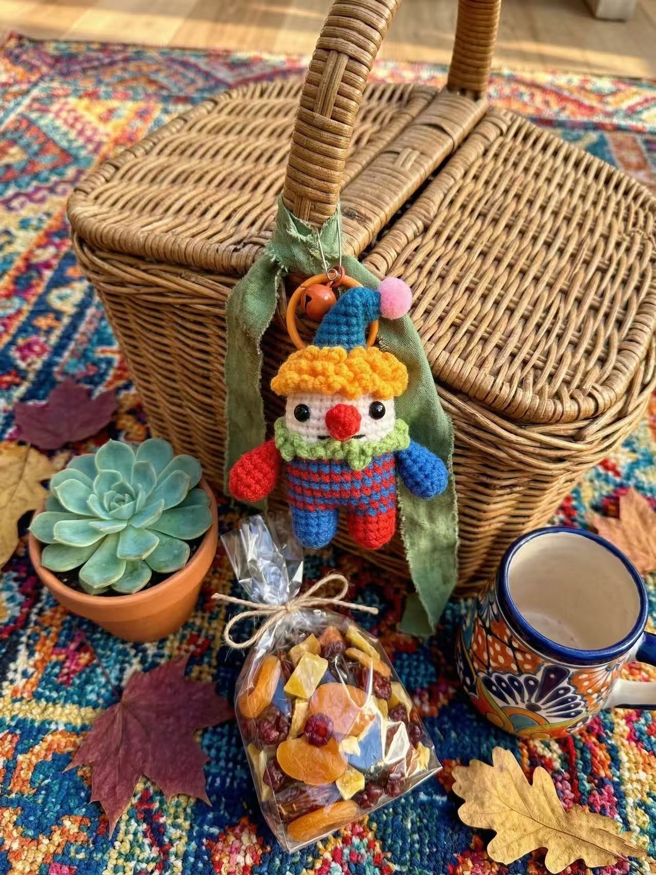 Handmade Crochet Clown Bag Charm with Jingle Bell – Whimsical Amigurumi Keychain Accessory