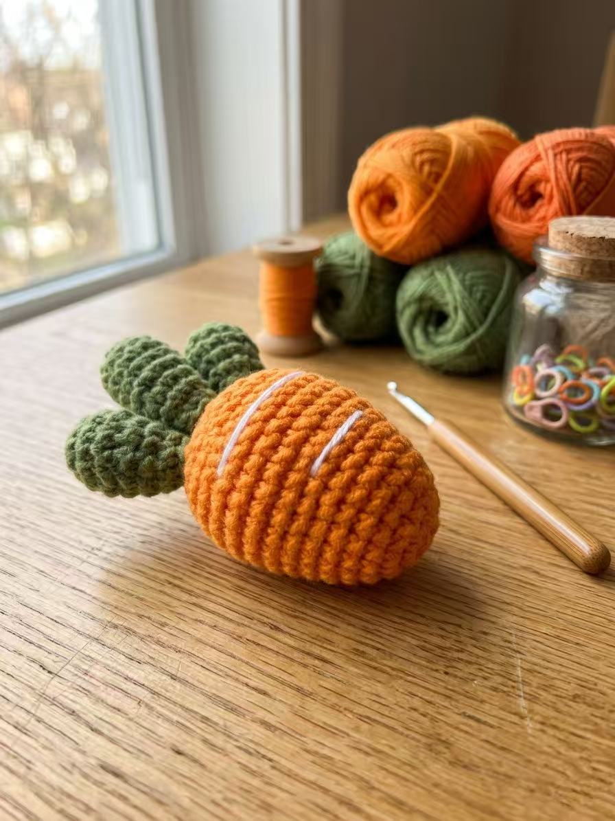 Hand-Crocheted Carrot Amigurumi, Three-Top Plush Vegetable Toy, Cotton Yarn Decor