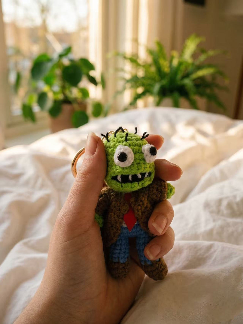 Funny Crochet Monster Keychain, Ugly Cute Amigurumi Bag Charm, Office Stress Relief Toy, Corporate Zombie Doll, Unique Small Gift for Friend