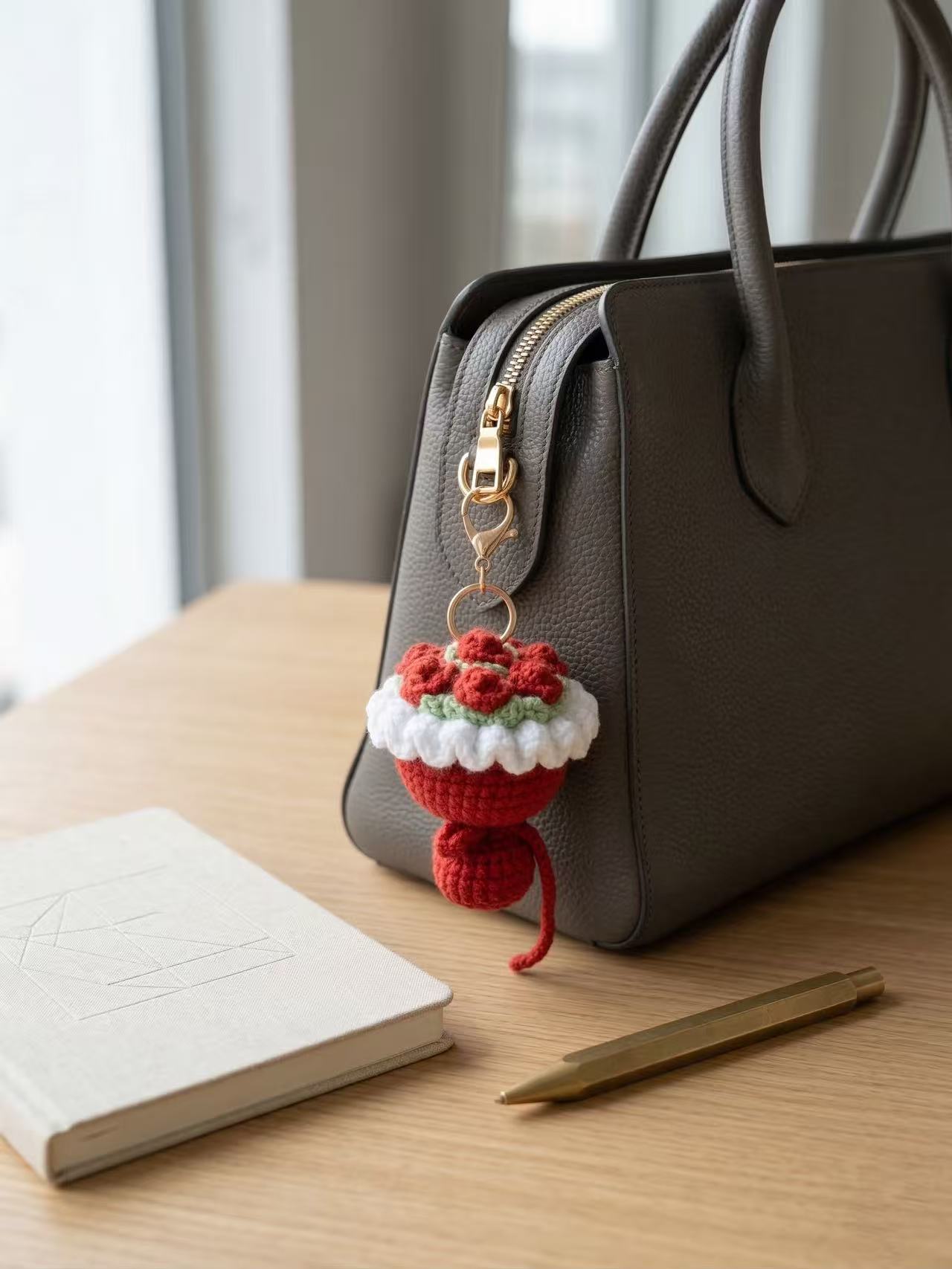 Hand-Crocheted Rose Bouquet Keychain, Floral Bag Charm, Romantic Accessory