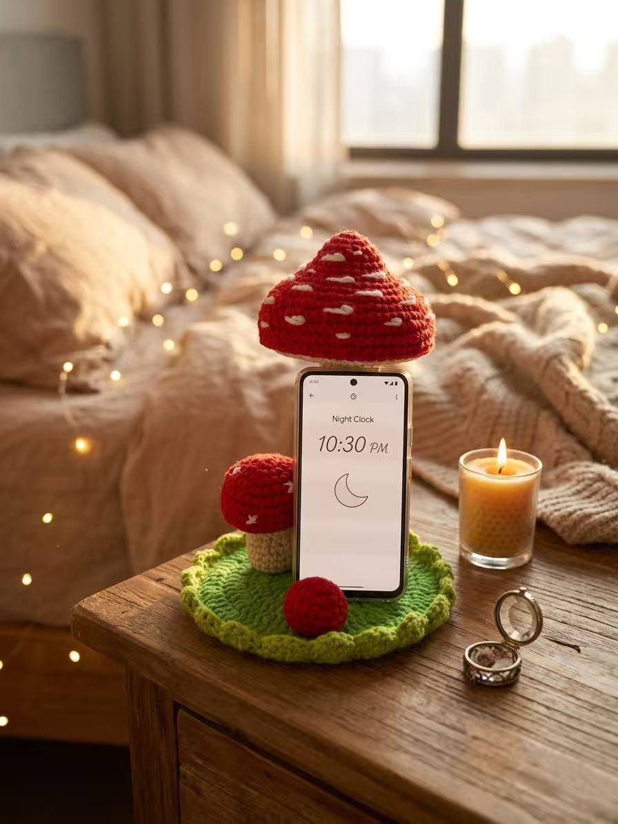 Handmade Crochet Mushroom House Phone Stand, Cute Amigurumi Cell Phone Holder for Desk, Cottagecore Mushroom Decor, Unique Fairy Garden Gift