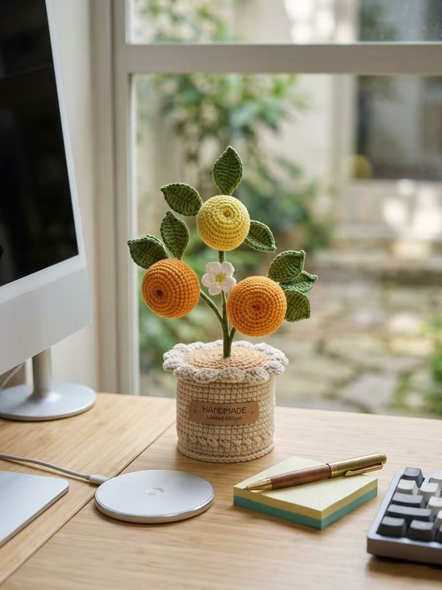 Crochet Orange Tree Potted Plant, Handmade Citrus Desk Decor, Faux Fruit Bonsai, Office Stress Relief Gift, Knot Riot Limited Edition Decor