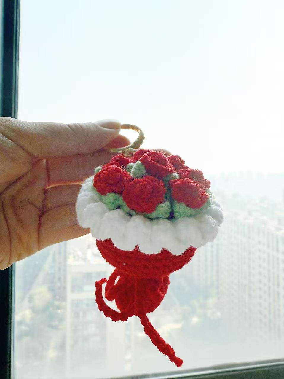 Hand-Crocheted Rose Bouquet Keychain, Floral Bag Charm, Romantic Accessory
