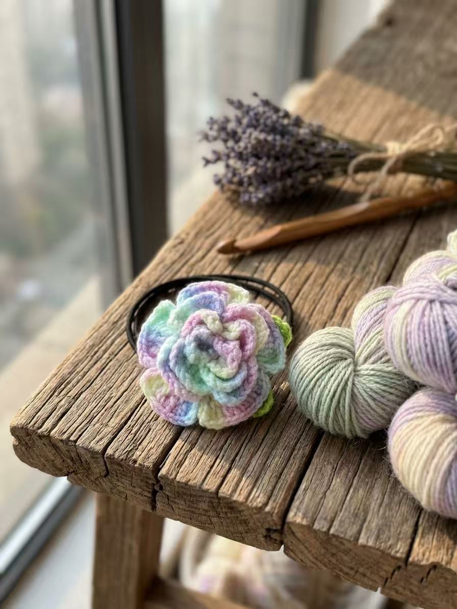 Hand-Crocheted Rose Hair Tie, Pastel Boho Scrunchie, Floral Ponytail Holder