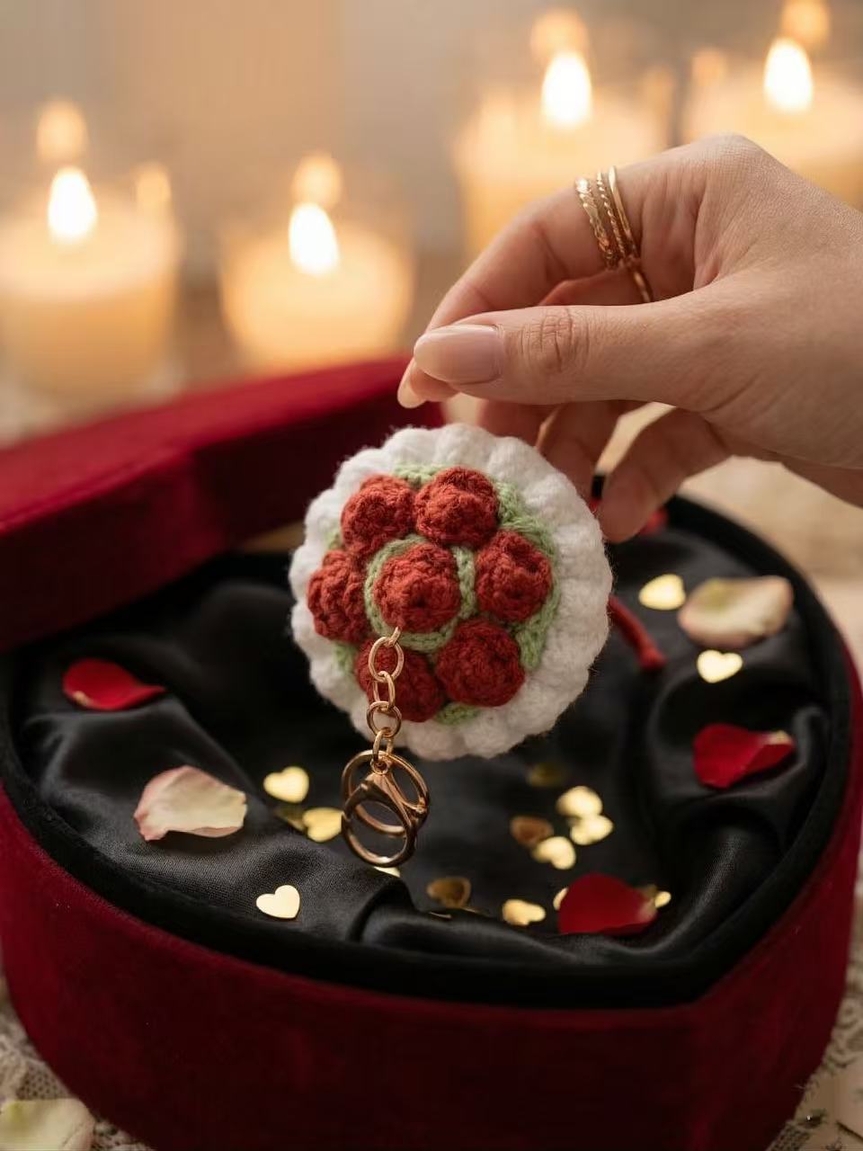 Hand-Crocheted Rose Bouquet Keychain, Floral Bag Charm, Romantic Accessory