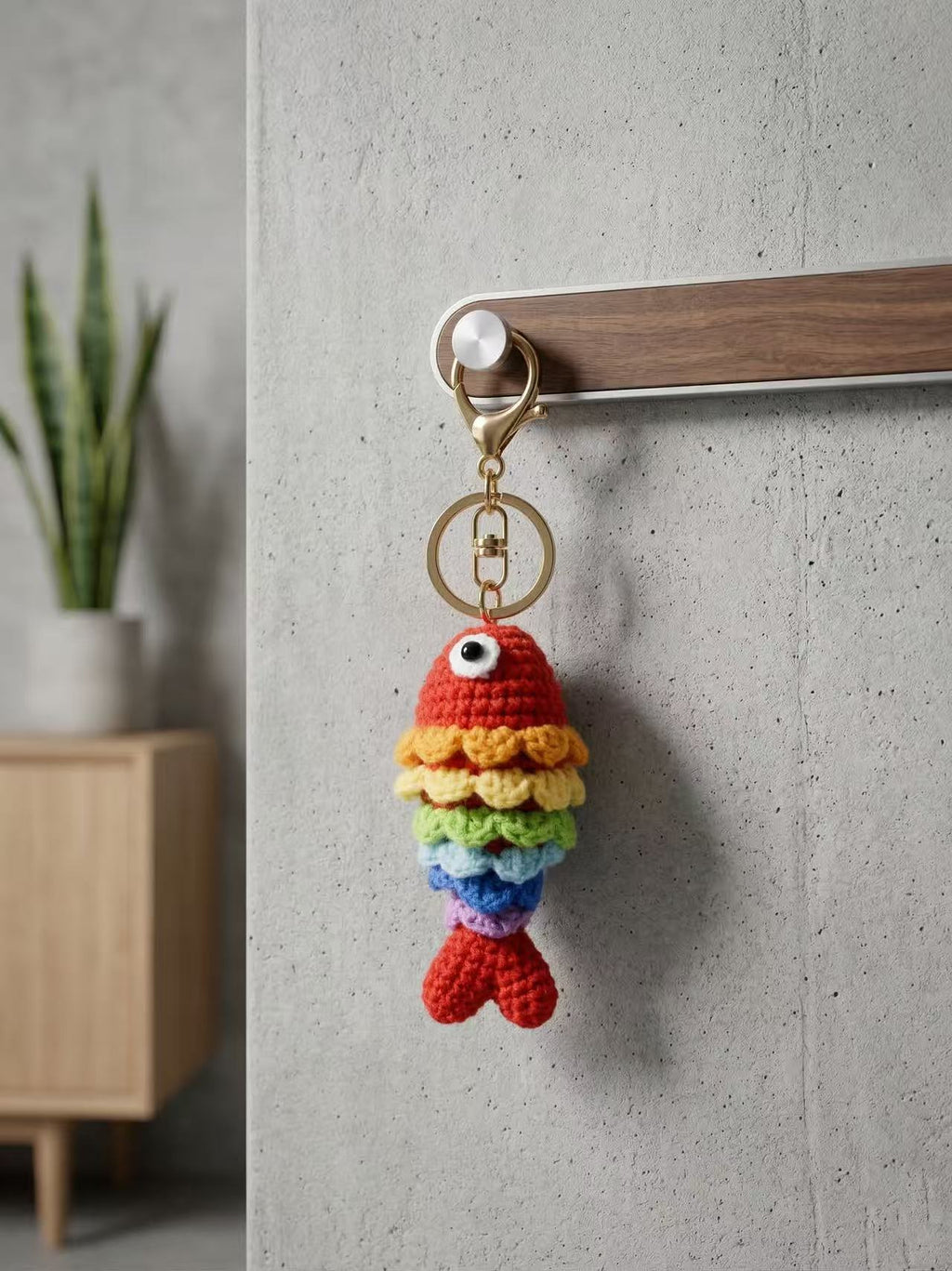 Crocheted Rainbow Fish Keychain, Amigurumi Bag Charm, Cotton Yarn Accessory, Nautical Purse Dangle