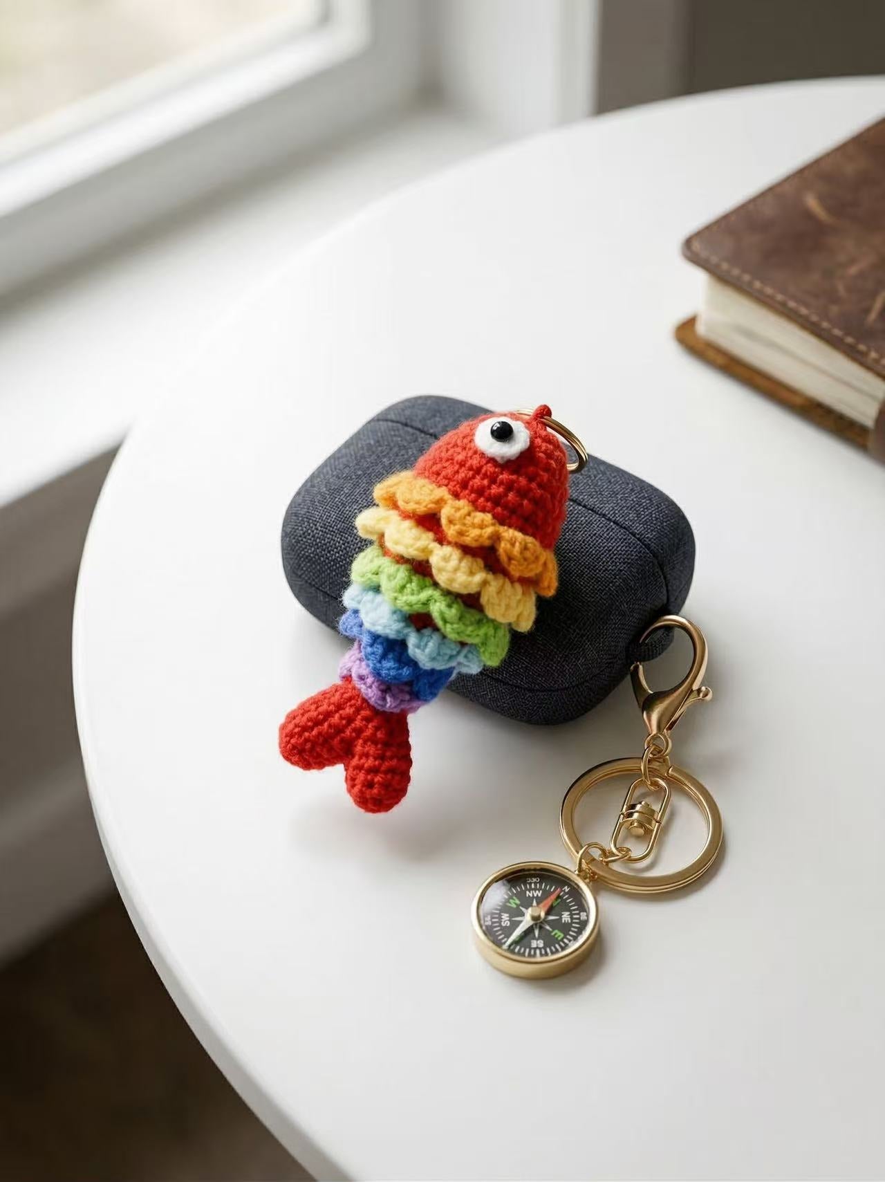 Crocheted Rainbow Fish Keychain, Amigurumi Bag Charm, Cotton Yarn Accessory, Nautical Purse Dangle