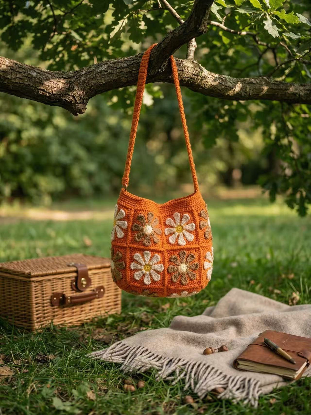 Handmade Crochet Daisy Tote Bag, Orange Boho Shoulder Bag, Flower Knit Purse