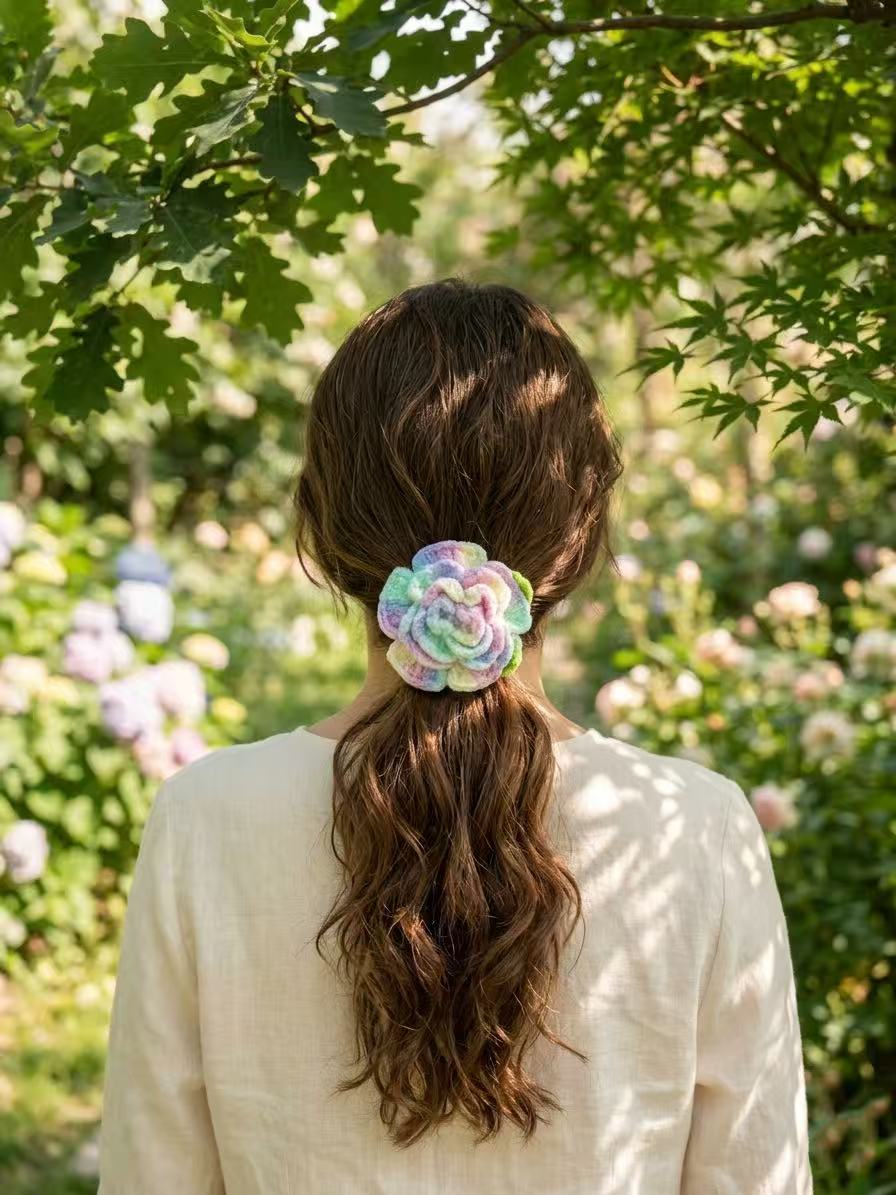 Hand-Crocheted Rose Hair Tie, Pastel Boho Scrunchie, Floral Ponytail Holder