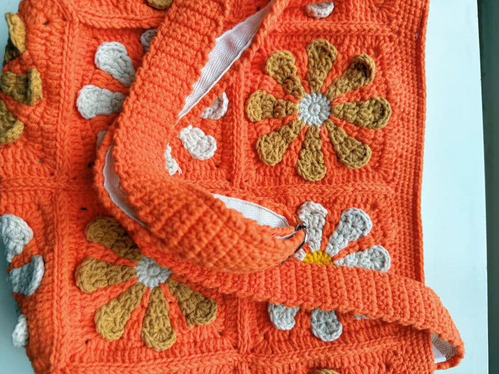 Handmade Crochet Daisy Tote Bag, Orange Boho Shoulder Bag, Flower Knit Purse