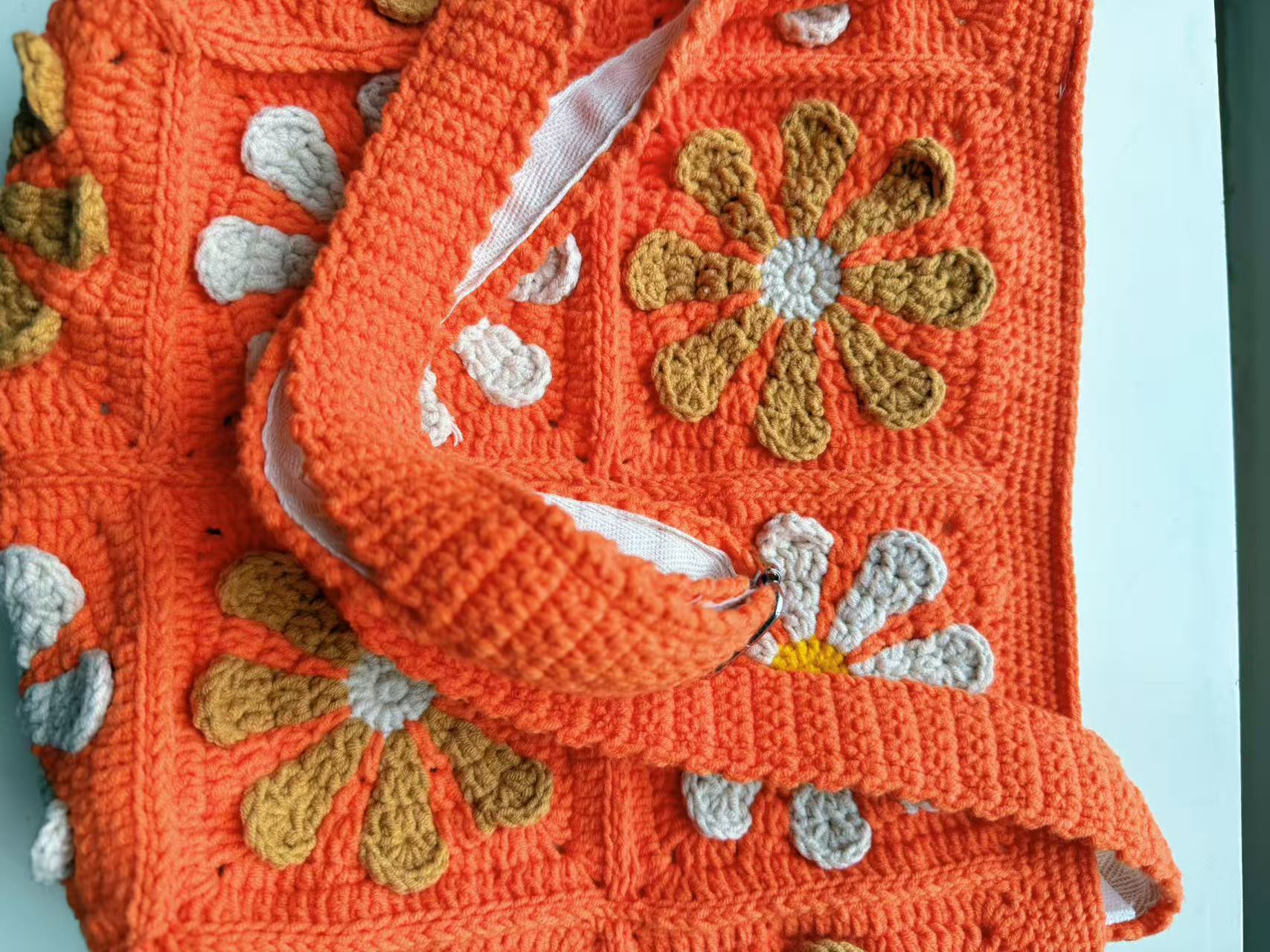 Handmade Crochet Daisy Tote Bag, Orange Boho Shoulder Bag, Flower Knit Purse